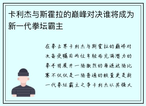 卡利杰与斯霍拉的巅峰对决谁将成为新一代拳坛霸主